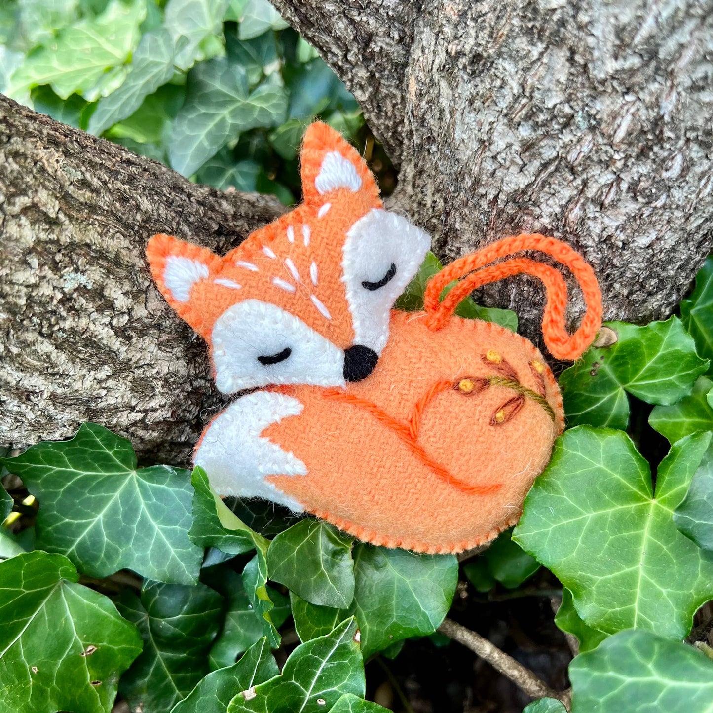 Sleeping Fox Embroidered Wool Christmas Ornament