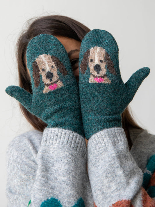 Intarsia Mittens Turq Dog