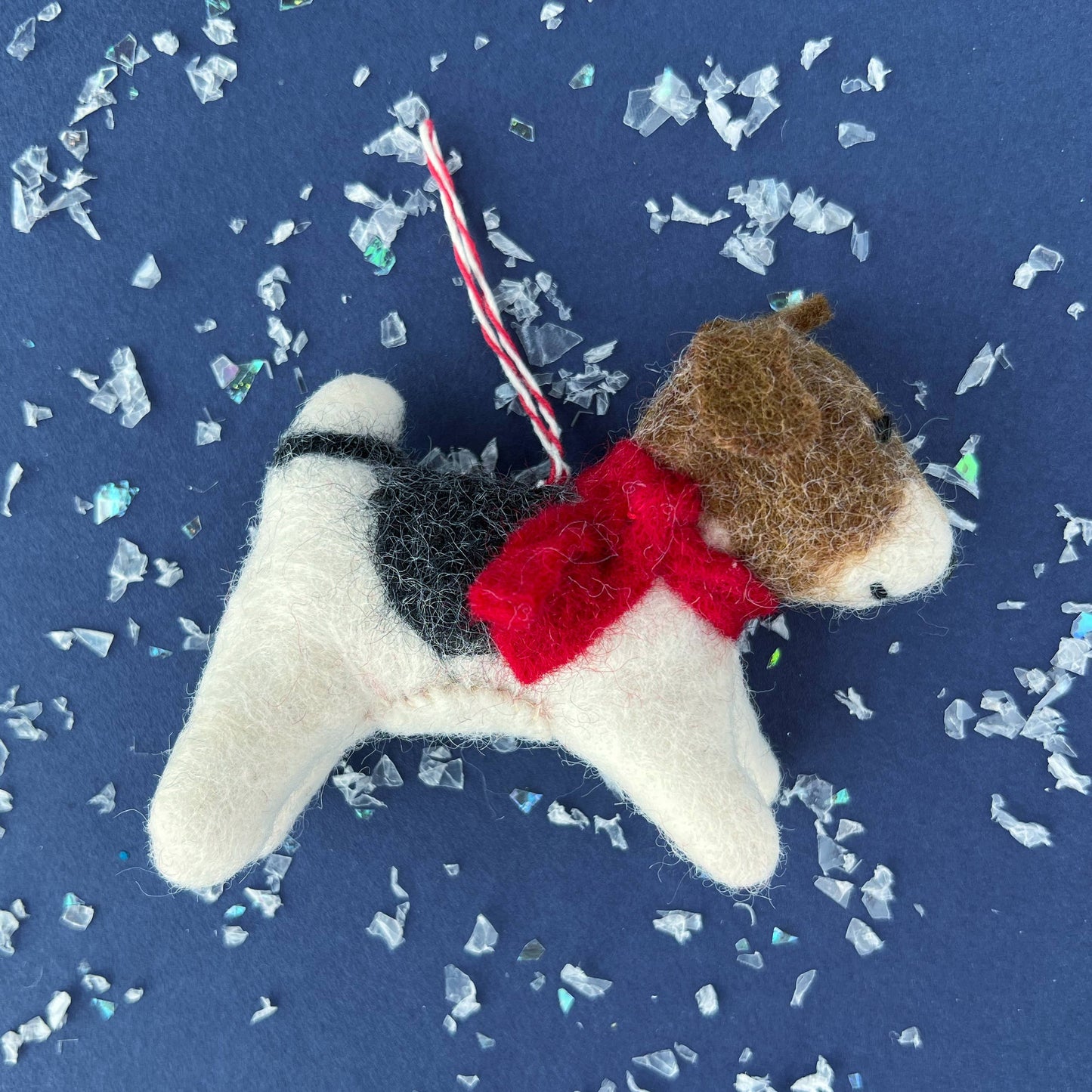 Dog with Red Scarf Tufted Wool Christmas Ornament