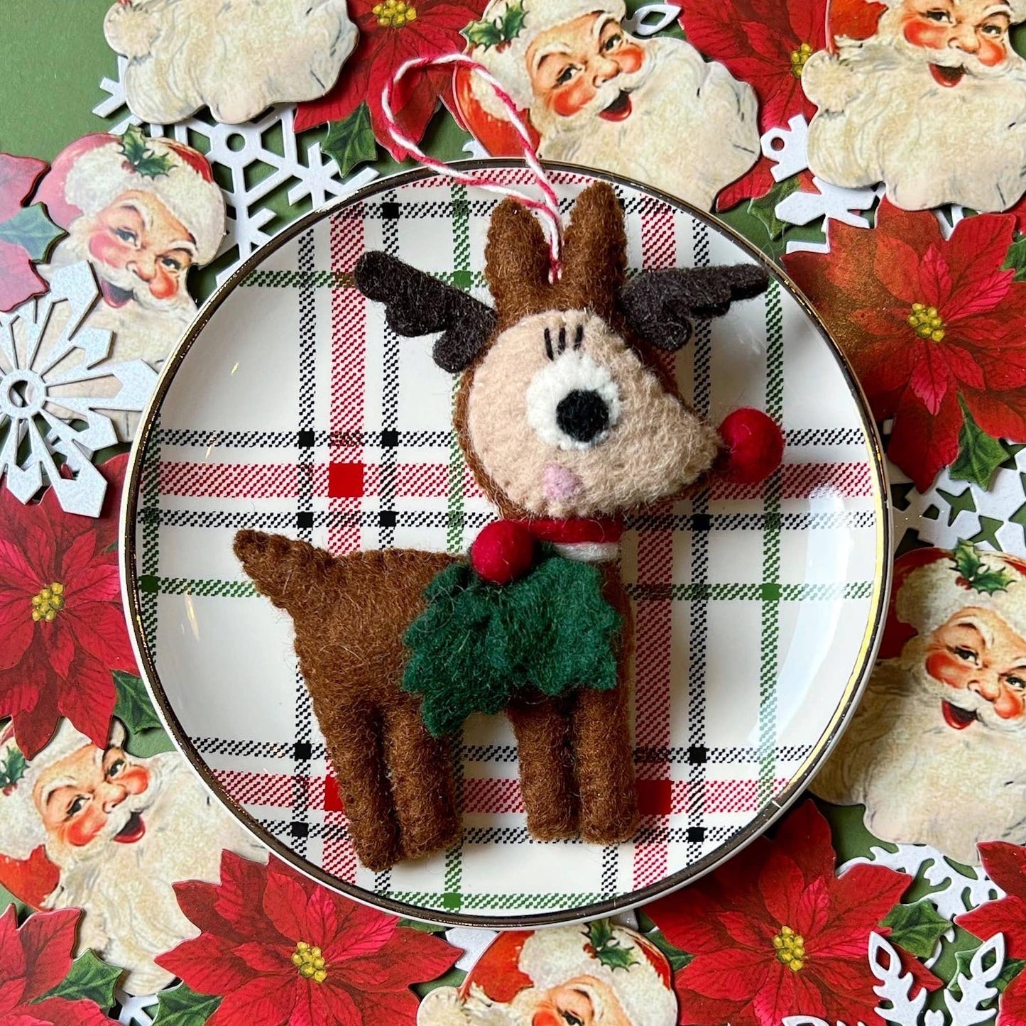 Reindeer with Holly Felt Wool Christmas Ornament