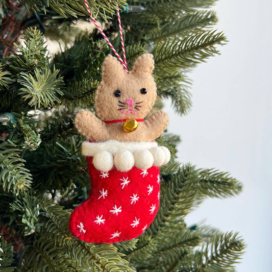 Cat in Stocking Felt Wool Christmas Ornament 