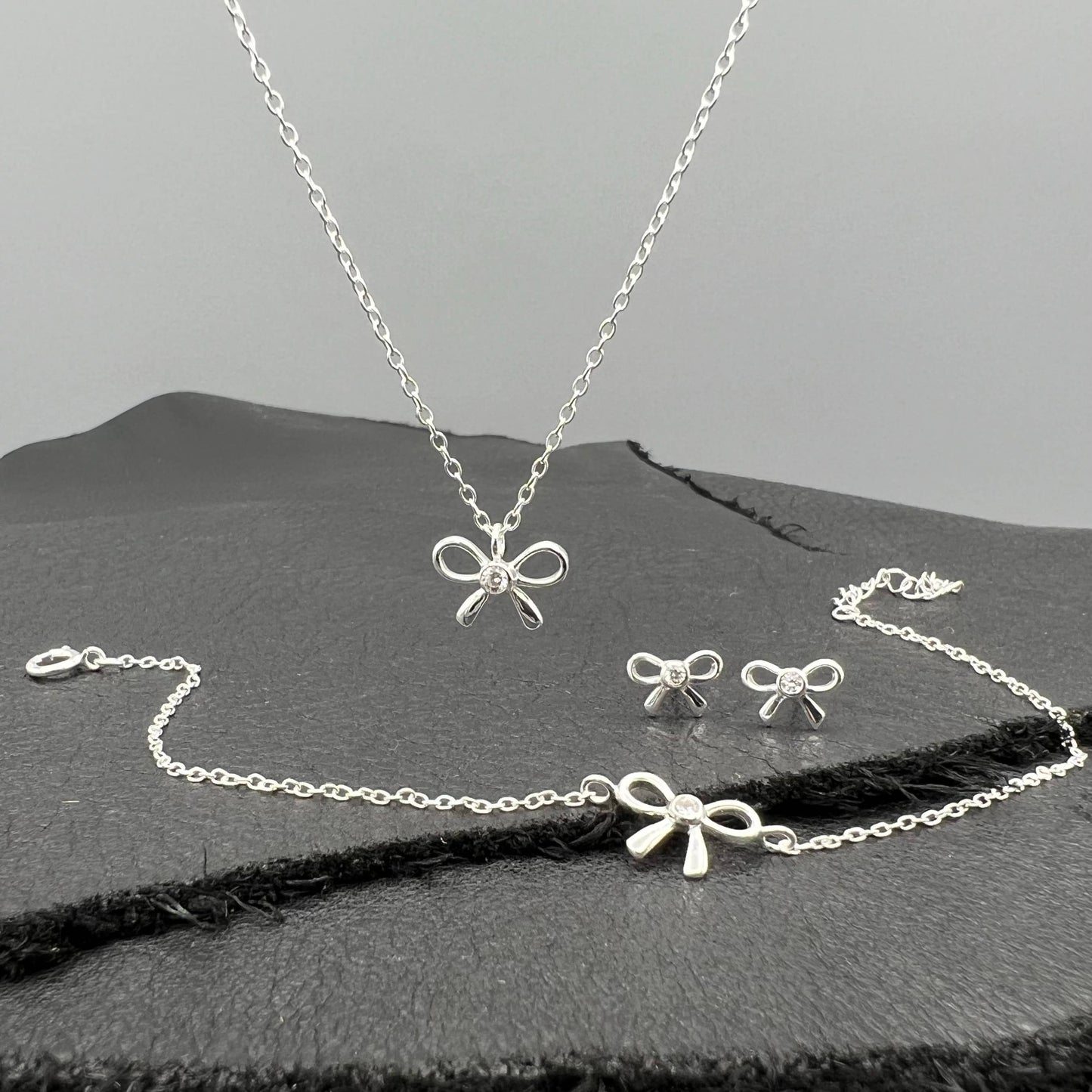 Cute Silver CZ Bow Necklace