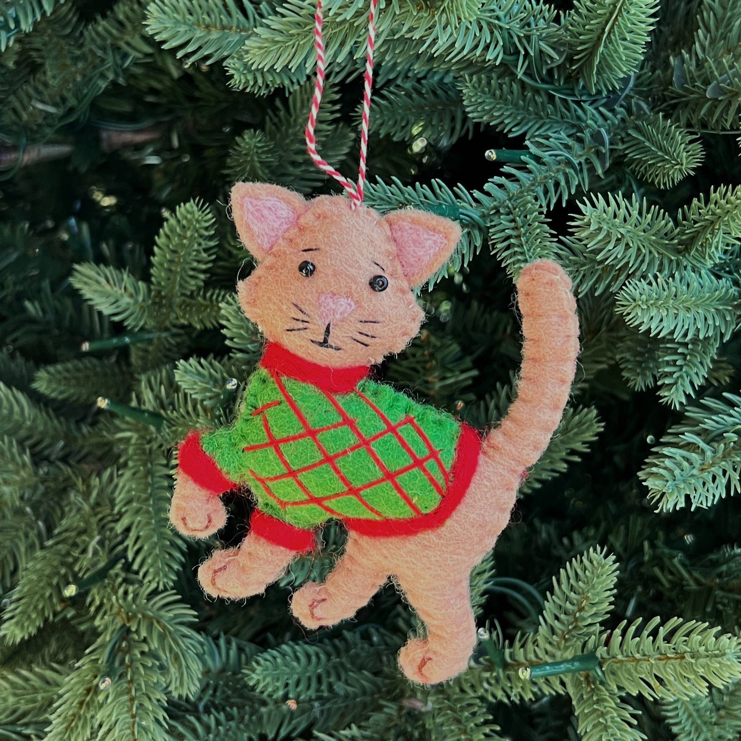 Tan Cat in Sweater Felt Wool Christmas Ornament