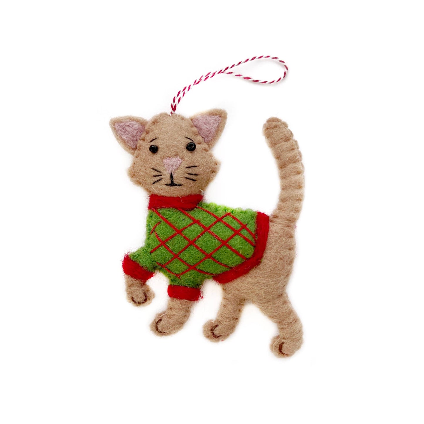 Tan Cat in Sweater Felt Wool Christmas Ornament