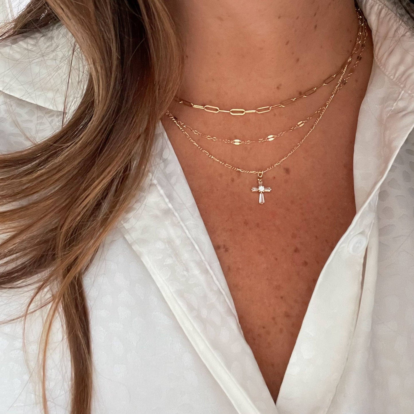 Petite CZ Cross Pendant Necklace Gold Filled