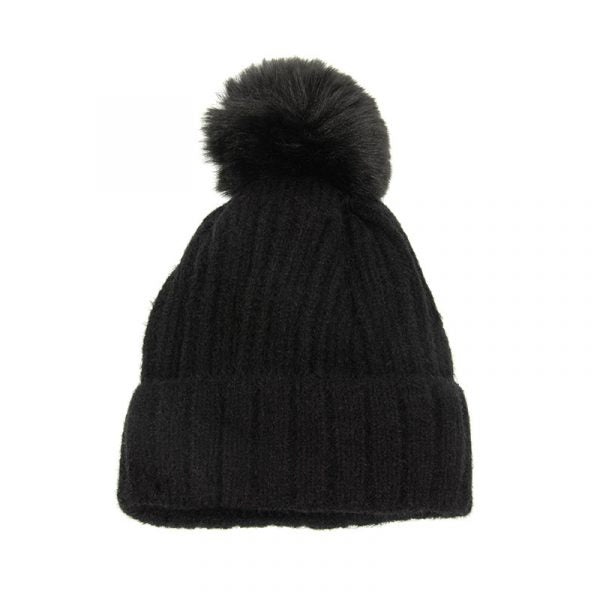 Black Varried Rib Pompom Hat