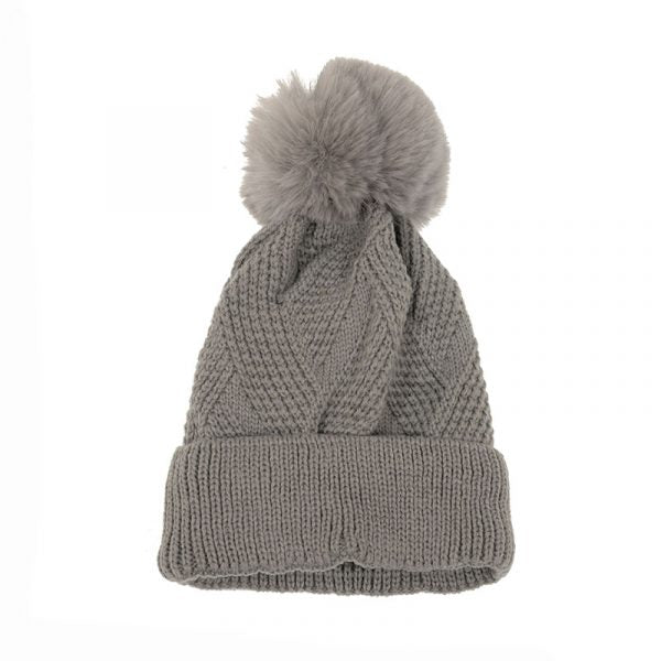 Grey Lattice Pompom Hat