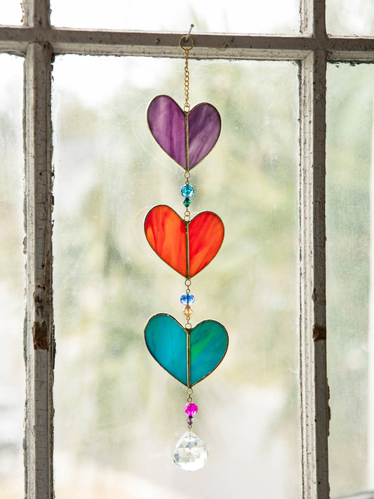 Stained Glass Mobile Rainbow Hearts