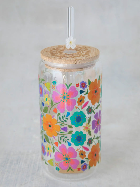 Glass Tumbler with Lid & Straw Floral