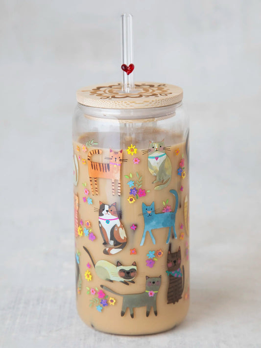 Glass Tumbler with Lid & Straw Cat