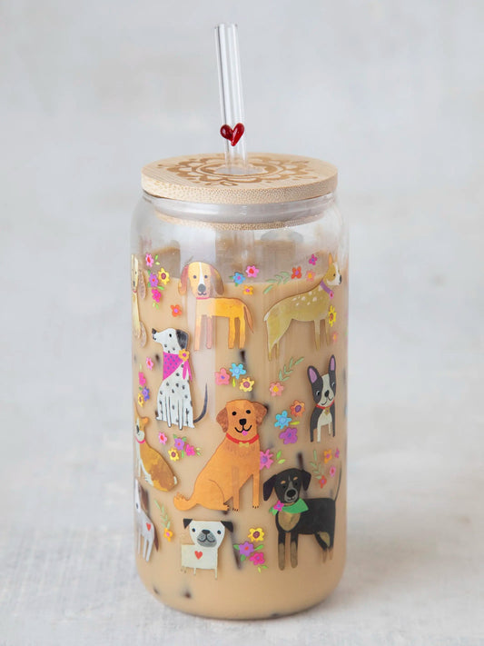 Glass Tumbler with Lid & Straw Dog