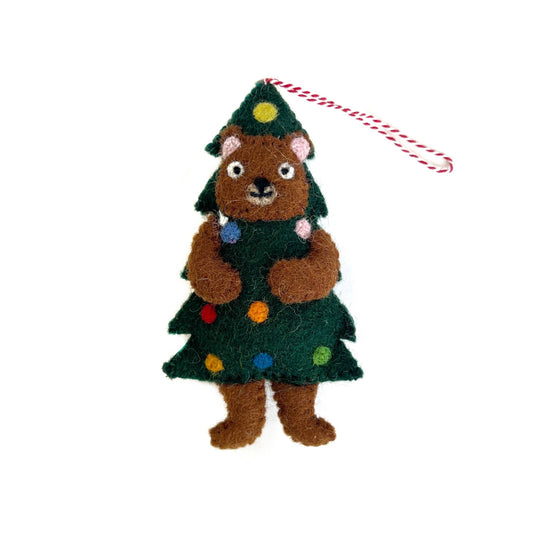 Bear in Christmas Tree Felt Wool Ornament 