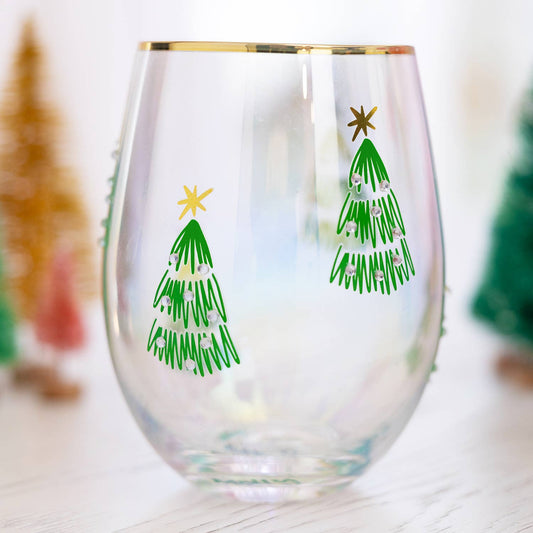 Stemless Wine Glass Small Green Trees