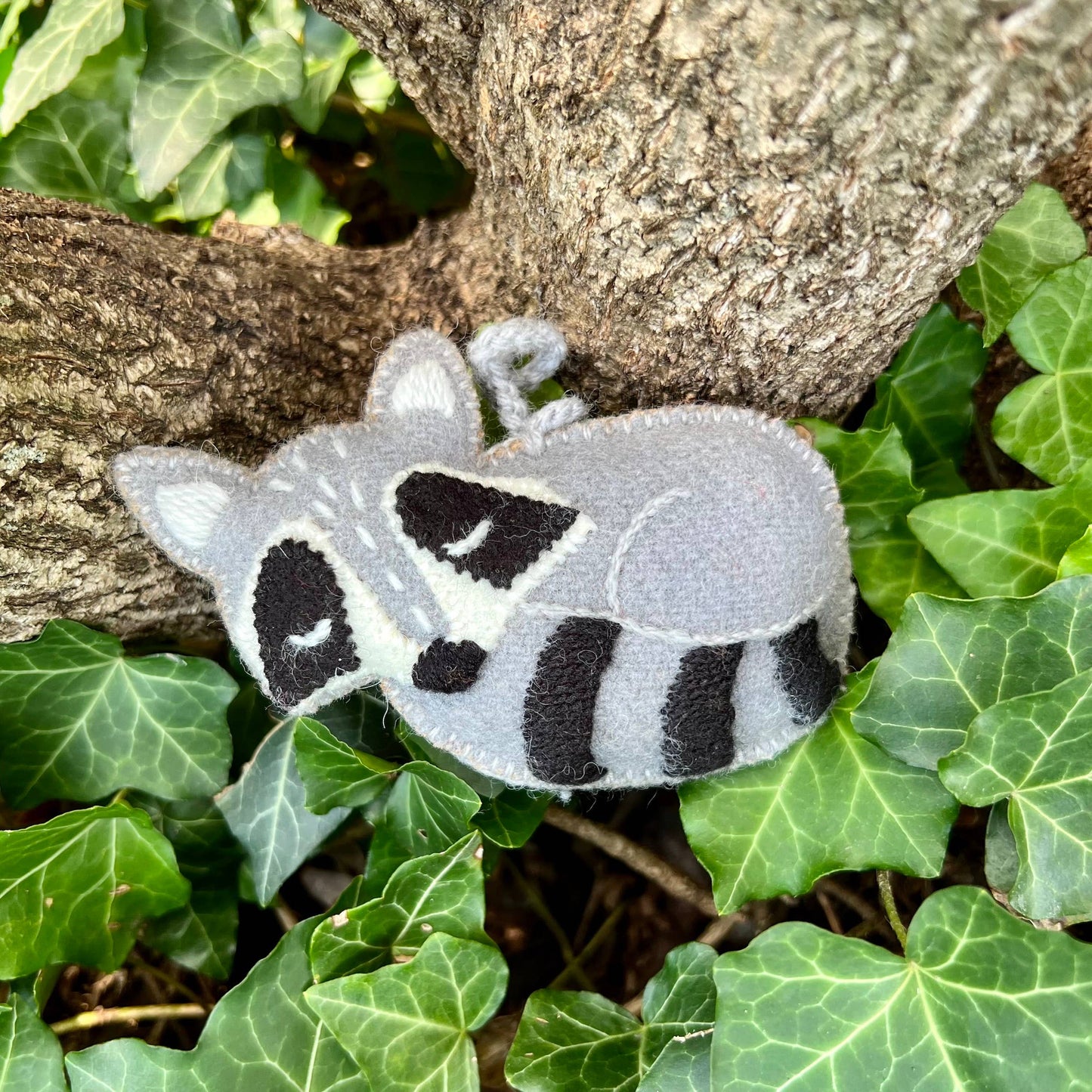 Sleeping Raccoon Embroidered Wool Christmas Ornament