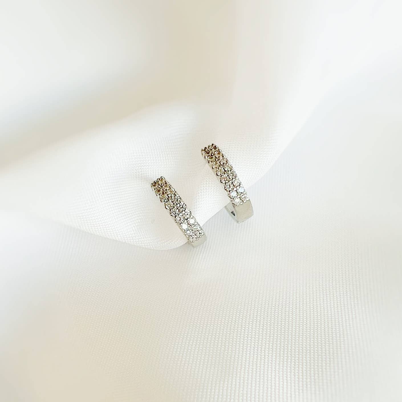 Sparkle Pave Huggie Hoops Earrings Silver White Gold Filled