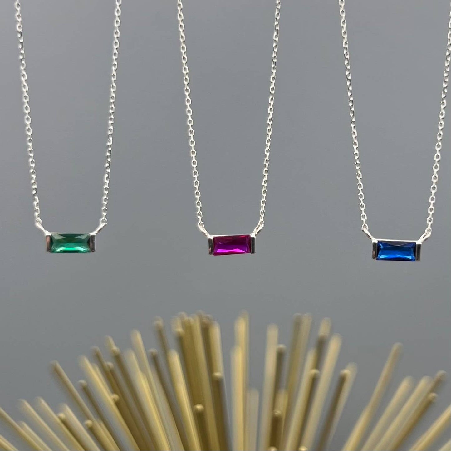 Baguette Birthstone Necklaces in Silver