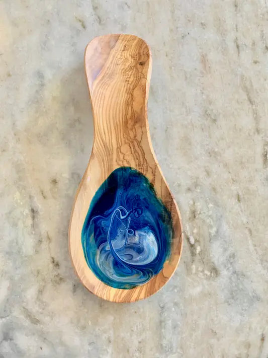 Olive Wood Spoon Holder: Ocean