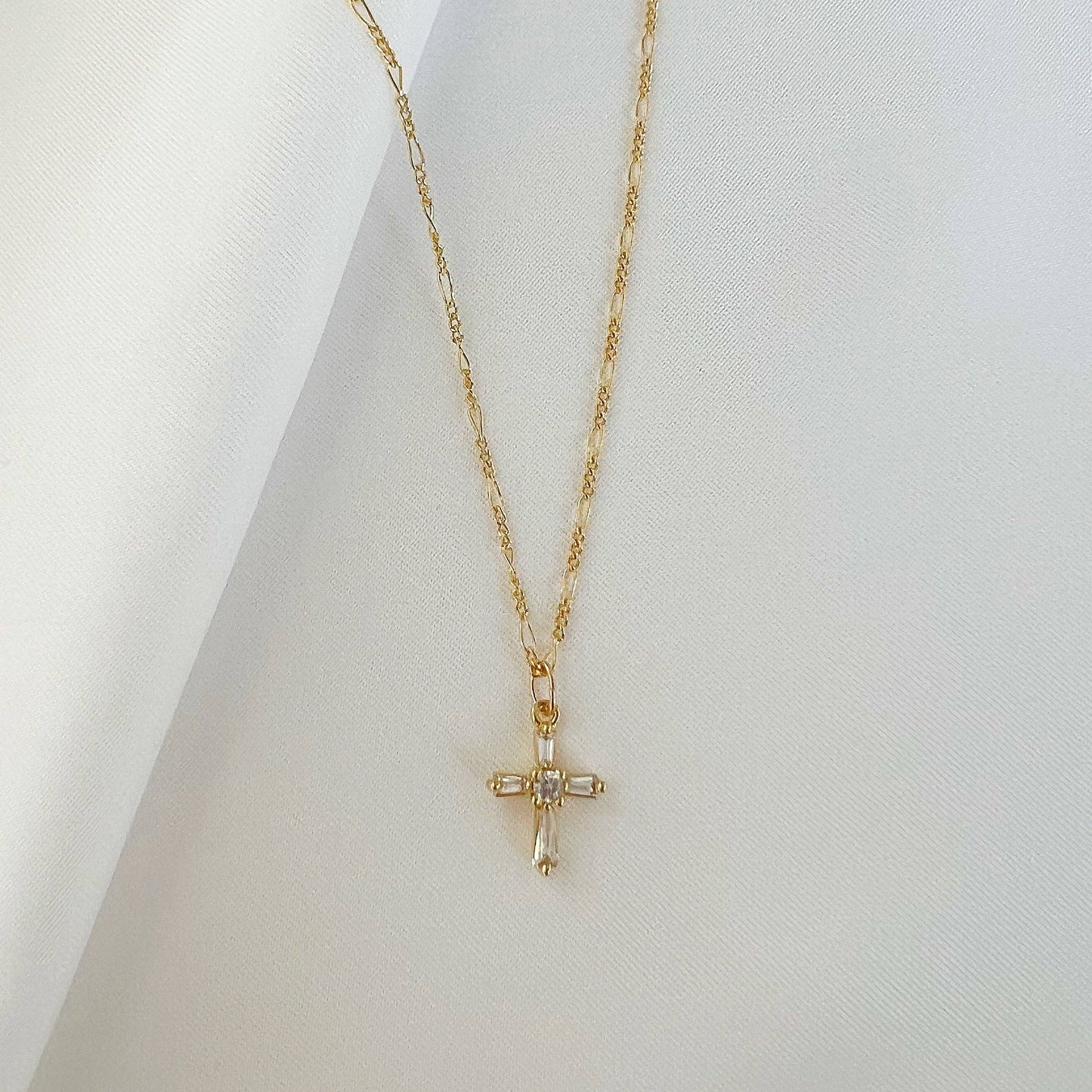 Petite CZ Cross Pendant Necklace Gold Filled