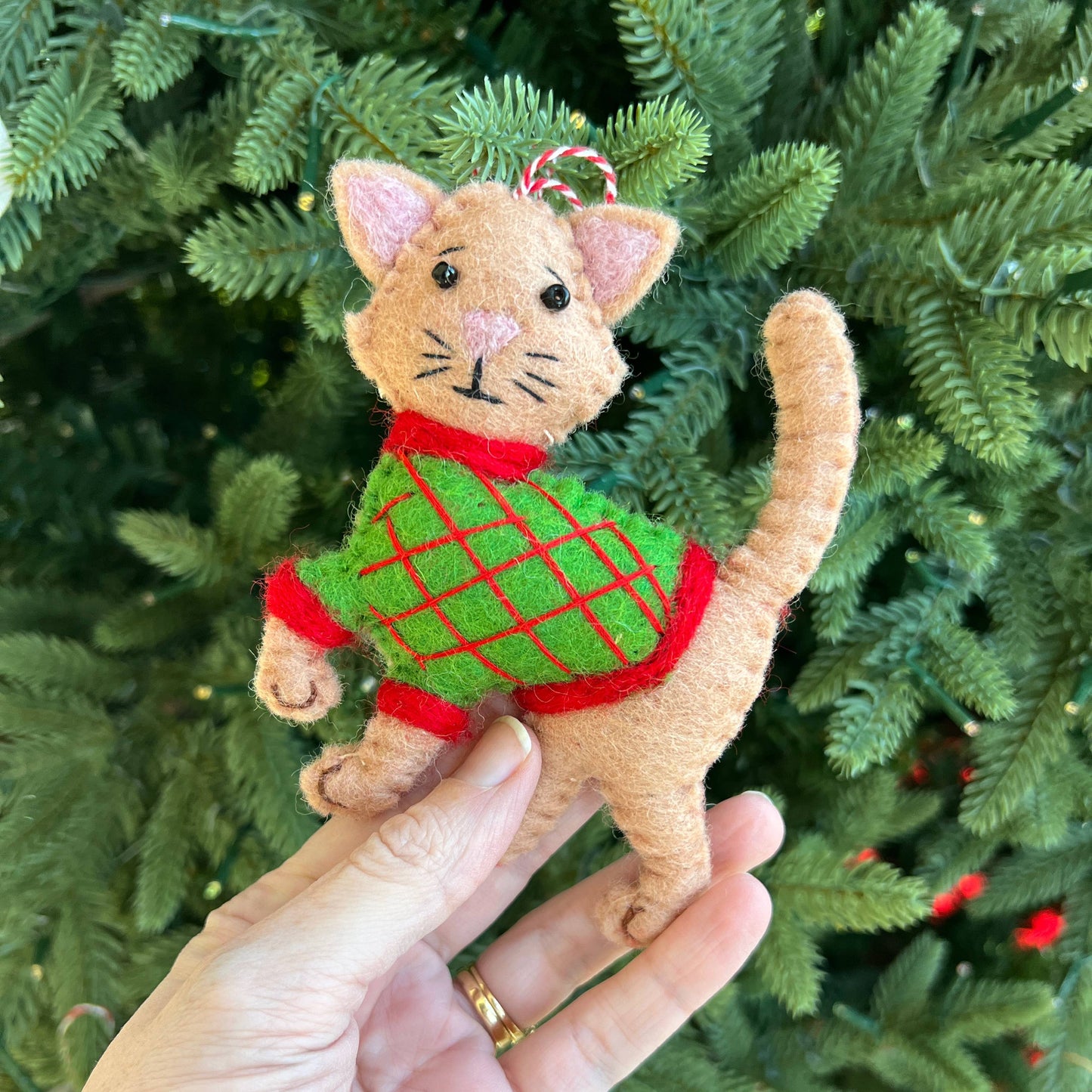 Tan Cat in Sweater Felt Wool Christmas Ornament