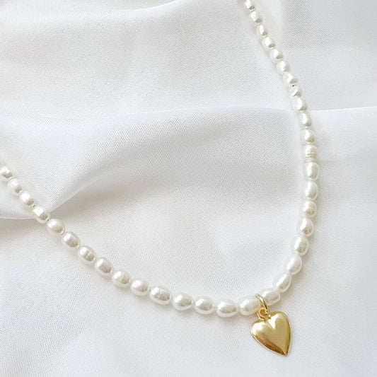 Kassandra Heart Freshwater Pearl Beaded Necklace Gold Filled