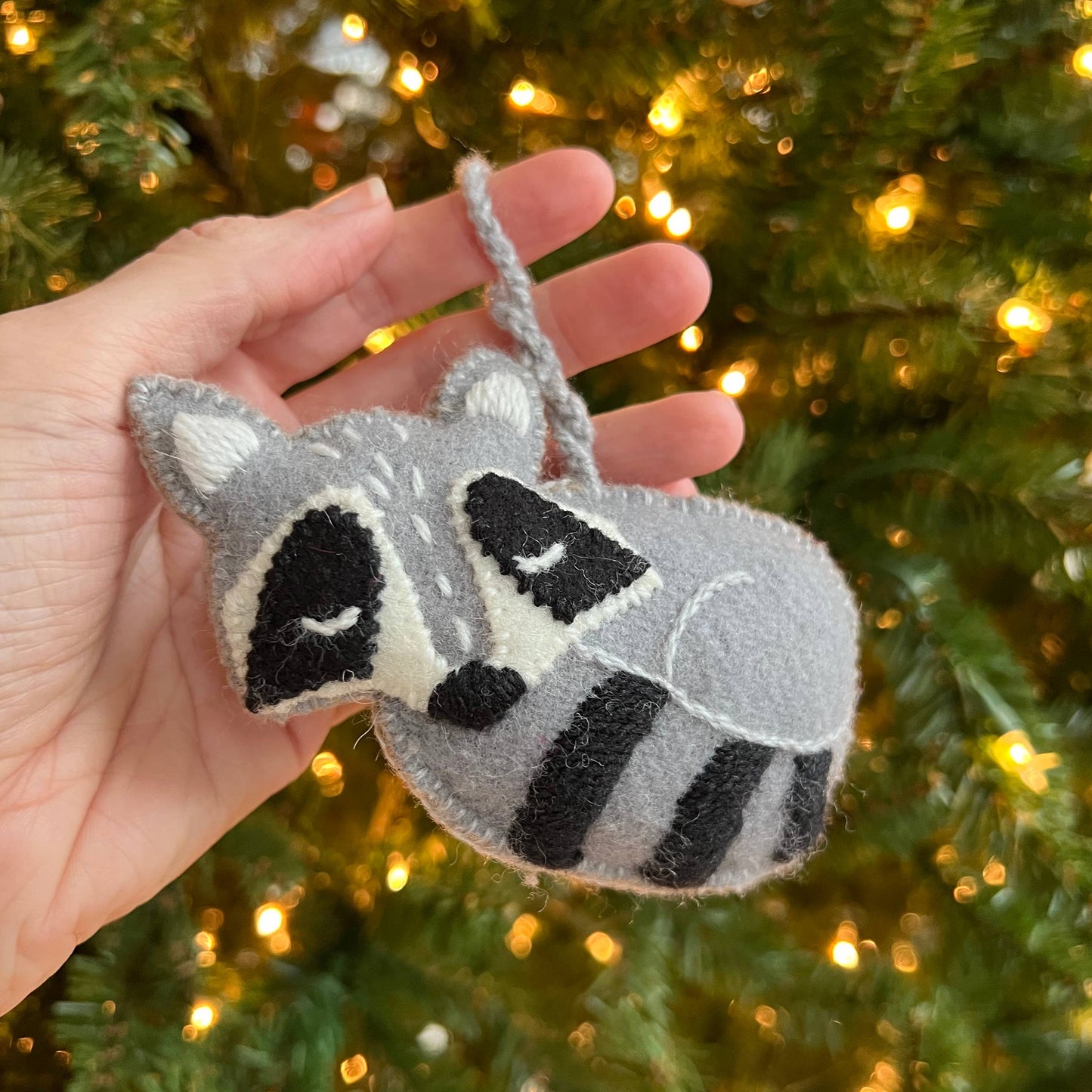 Sleeping Raccoon Embroidered Wool Christmas Ornament