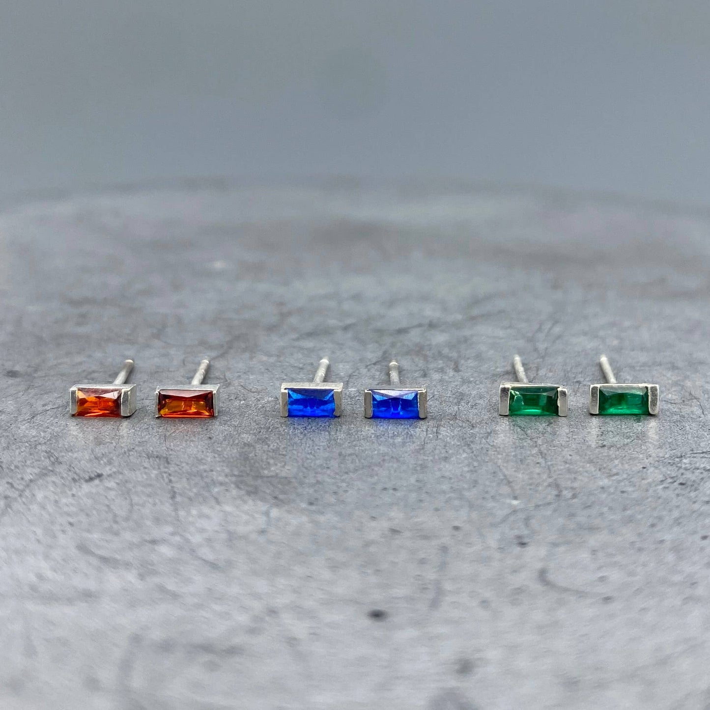 Birthstone Baguette Silver Studs