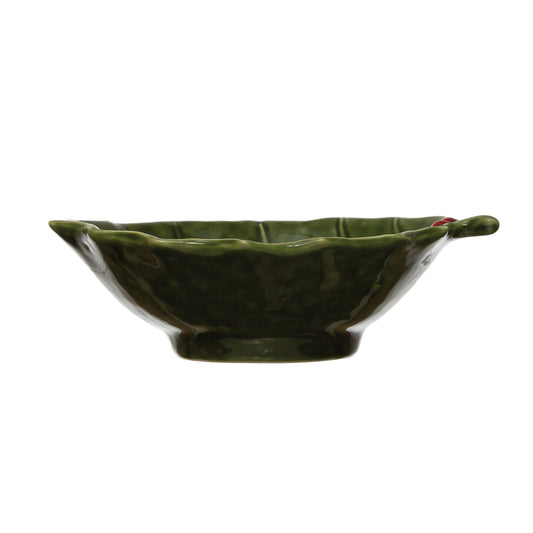 5-3/4"L x 4-3/4"W Stoneware Holly Leaf Bowl, Green and Red