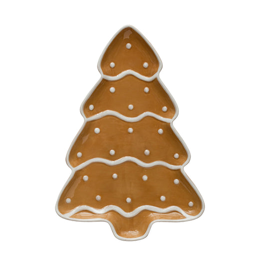 13"L x 9"W Hand-Painted Ceramic Gingerbread Tree Shaped Platter, Brown & White