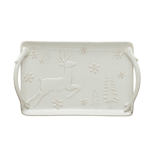 Debossed Stoneware Tray w/ Deer, Snowflakes & Trees, Reactive Glaze (Each One Will Vary)