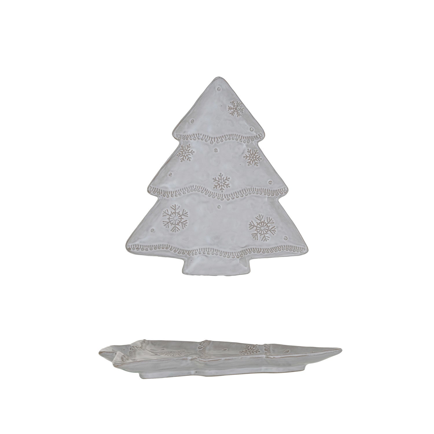 Stoneware Christmas Tree Shaped Plate w/ Snowflakes (Each One Will Vary)