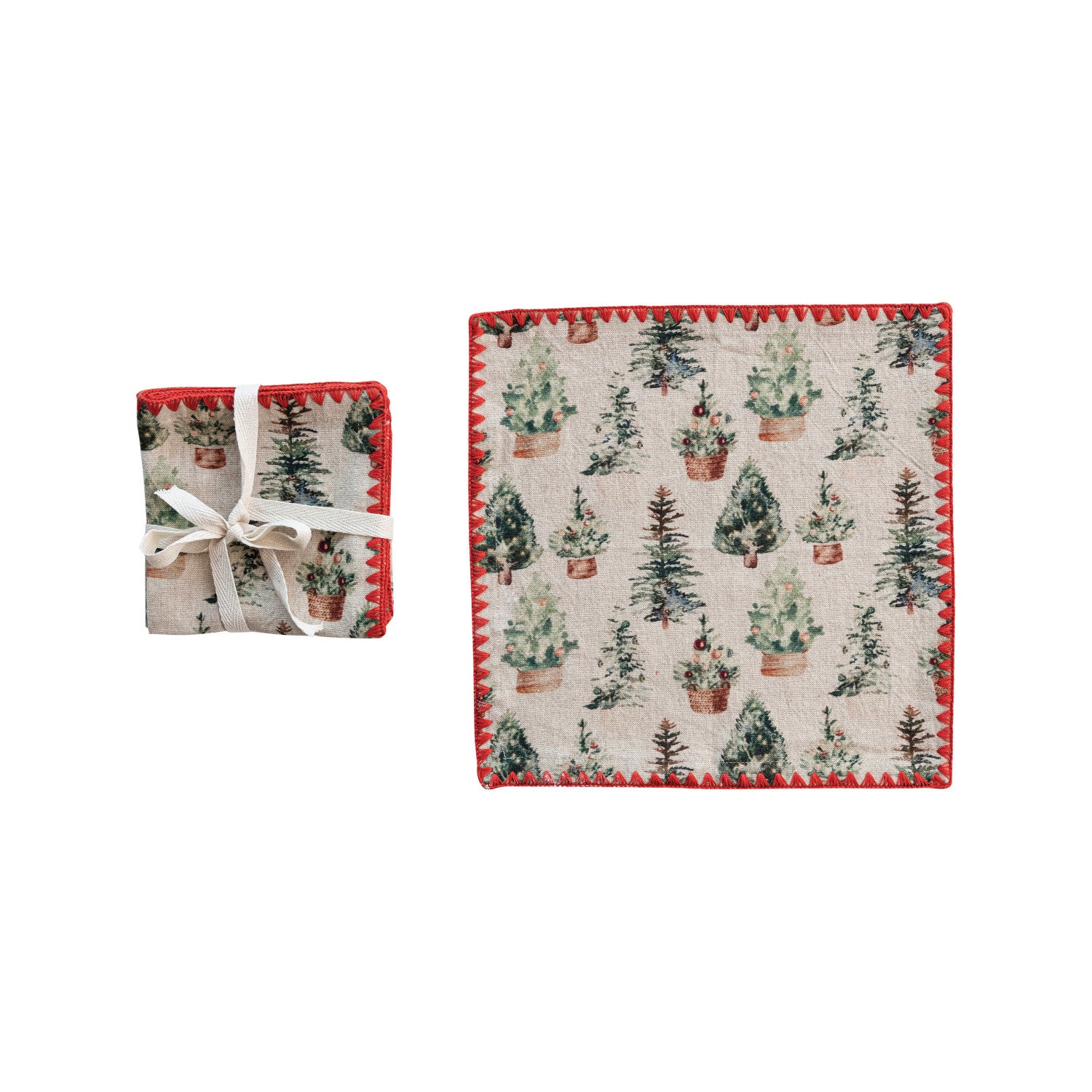 Cotton Printed Cocktail Napkins w/ Trees Pattern & Red Stitched Edge, Set of 4