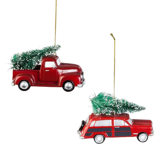 Red Polystone Truck and Station Wagon Ornament Assorted