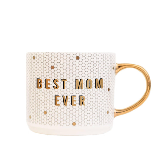 Best Mom Ever - Gold, White Honeycomb Tile Coffee Mug- 17 oz - The Silver Dahlia