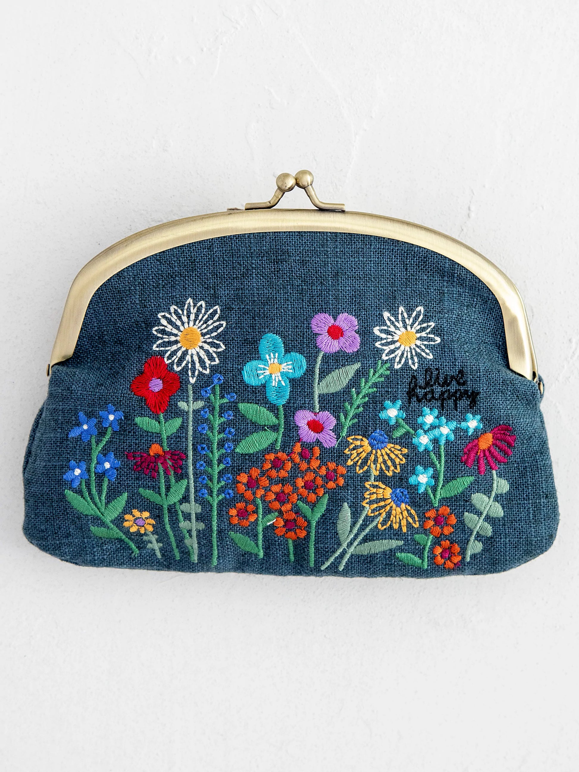 Embroidered Coin Purse Blue Live Happy - The Silver Dahlia
