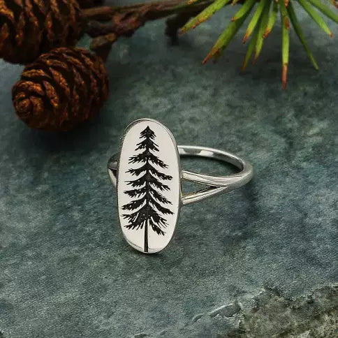Etched Pine Tree Ring Sterling Silver